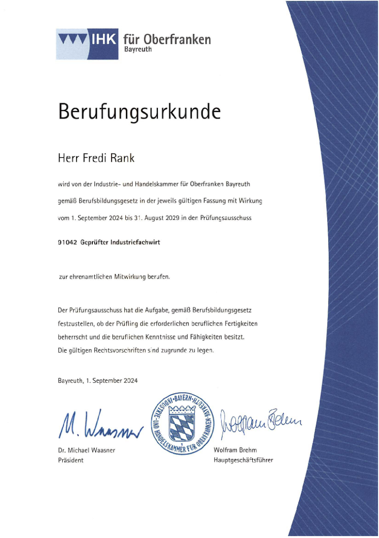 Berufungsurkunde des unabhängigen Finanzberaters Fredi Rank