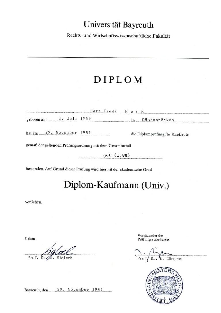 Fredi Ranks Diplom für Diplom Kaufmann (Universität)