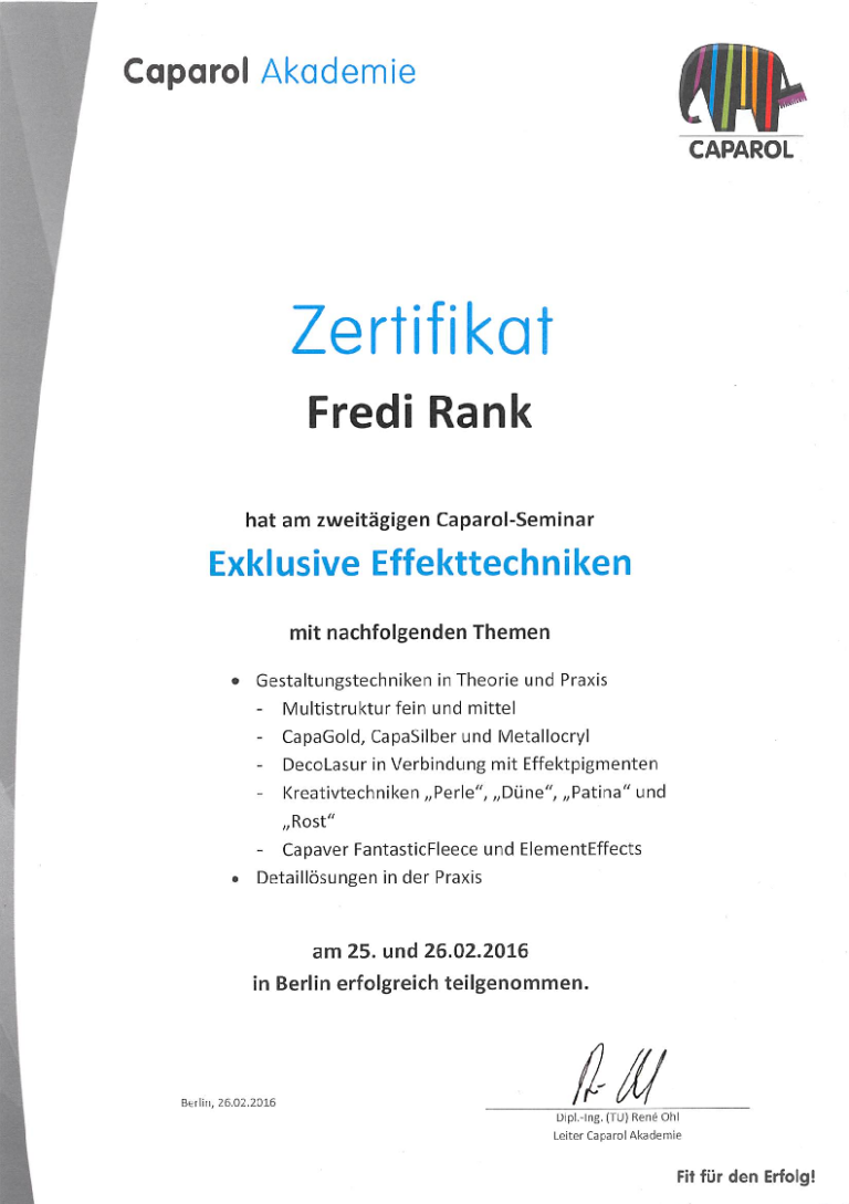 Zertifikat für exklusive Effekttechniken