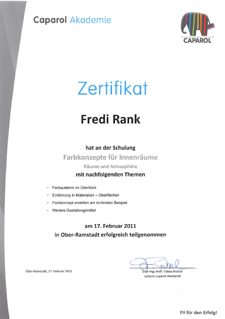 Zertifikat "Farbkonzepte für Innenräume" von Fredi Rank, dem unabhängigen Finanzberater