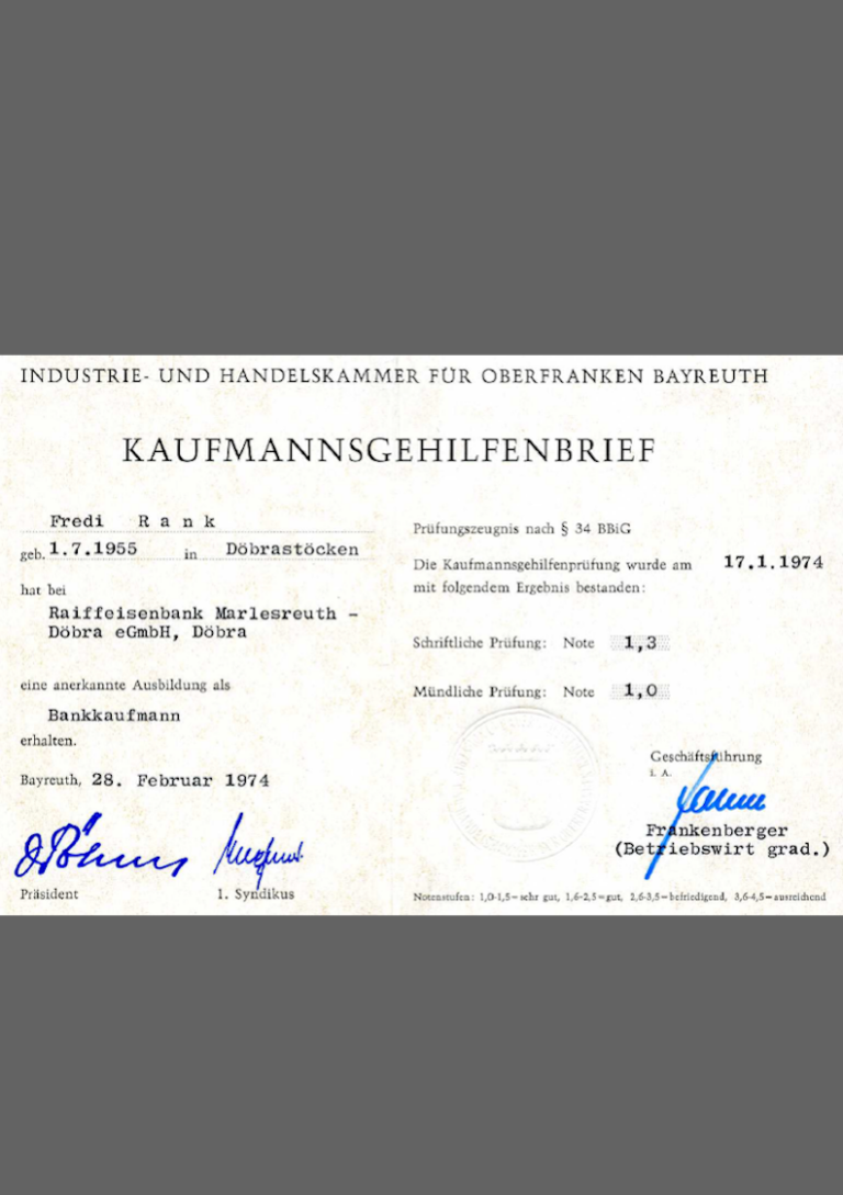 Kaufmannsgehilfenbrief des unabhängigen Finanzberaters Fredi Rank
