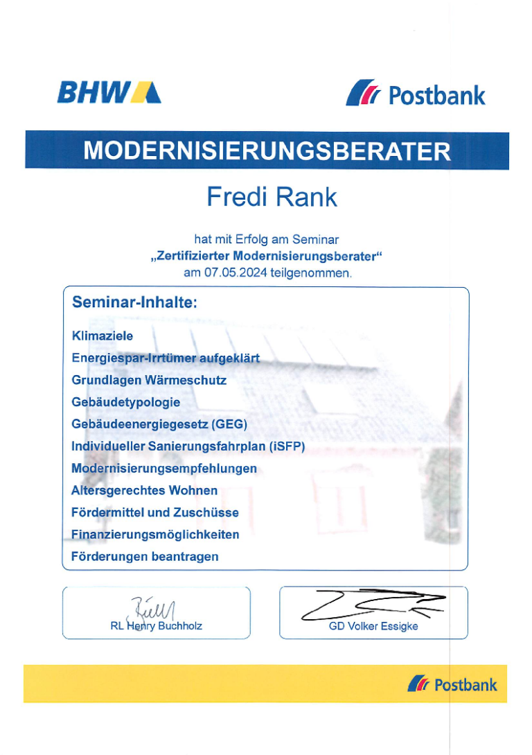 Zertifikat für den Abschluss des BHW Seminars "Zertifizierter Modernisierungsberater"