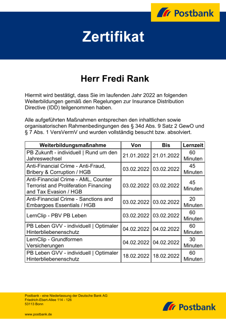 Seite 1 des Zertifikats für die Teilnahme an diversen Weiterbildungen von Fredi Rank